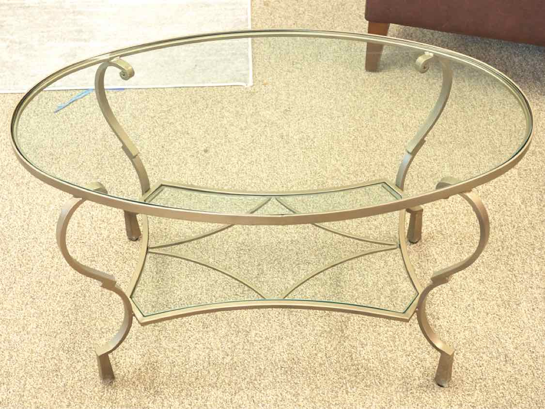 Oval Brass Finish Cocktail Table with Glass Top