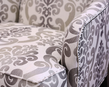 Pair of Ethan Allen Selby Wing Chairs in Natural, Grey & Taupe Damask