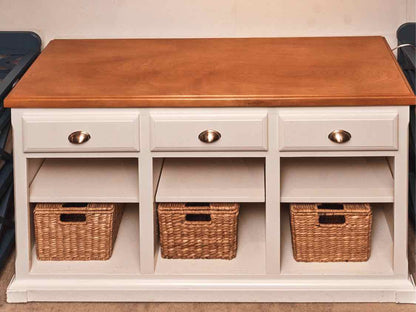 White Media Furniturewith Maple Top with 3 Drawers & 3 Cubbies