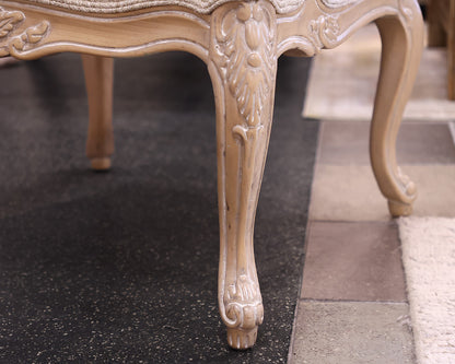 Ethan Allen French Bergere Chair in Neutral Damask with Limed Wood Finish