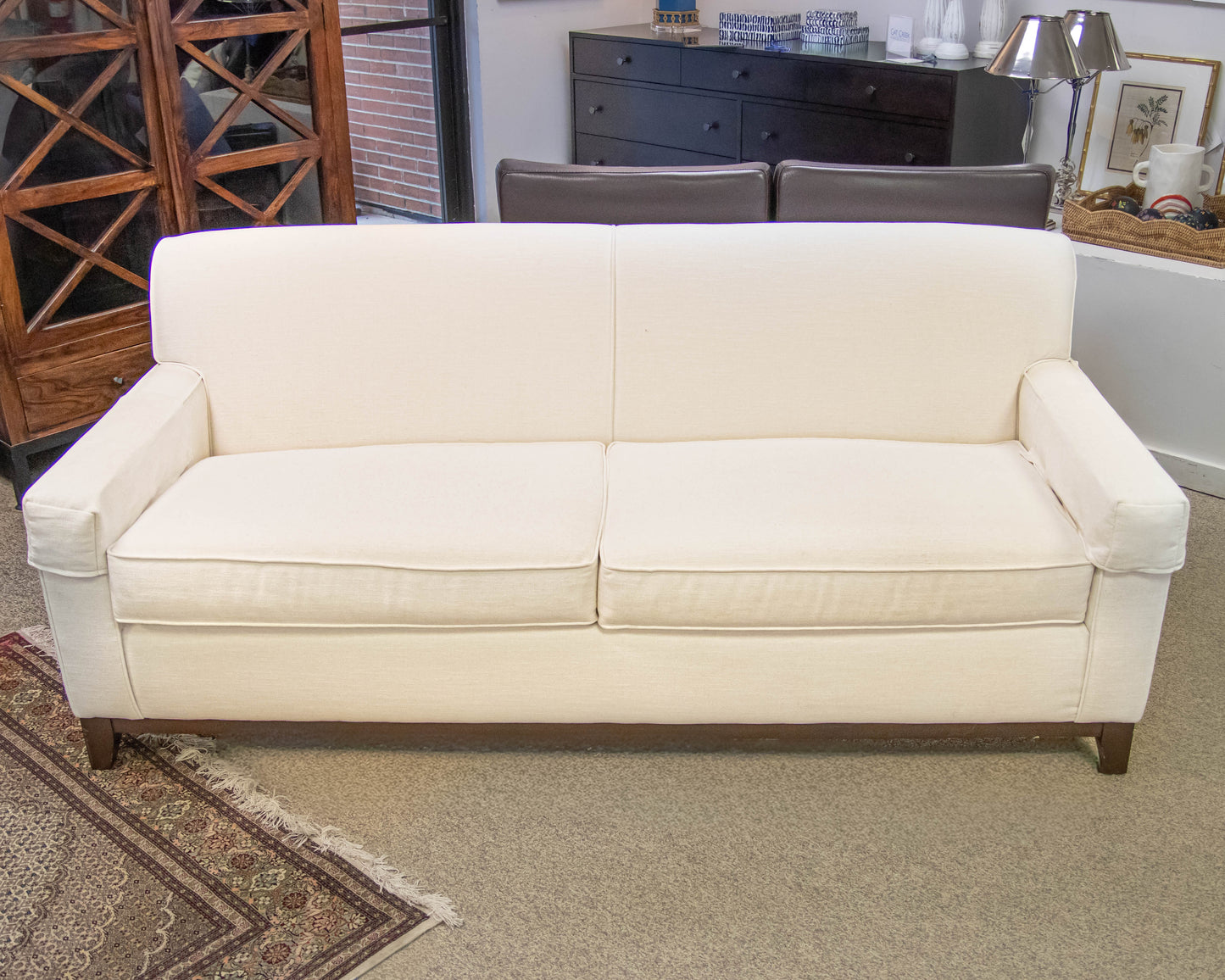 Basset White Upholstered Flat Back Track Arm Sofa On Espresso Wood Frame