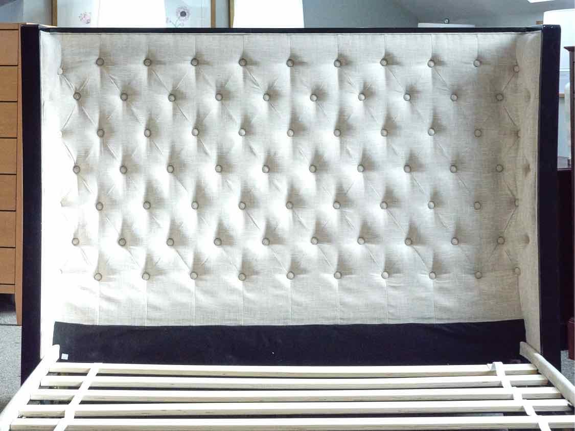 Queen  Linen Color Button Tufted Bed with Black Trim