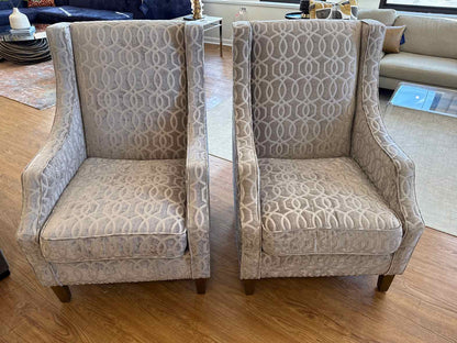 Jofran Pair of 'Quinn' Wing Chairs in Geometric Silver Fabric