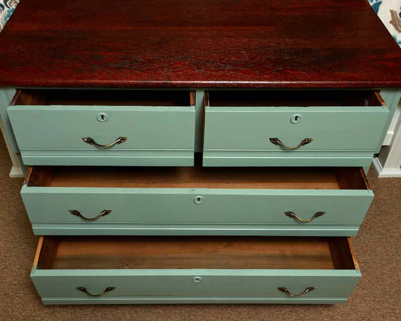 Dark Stained Oak Top 'Seaglass Green' Finish 4 Drawer Chest