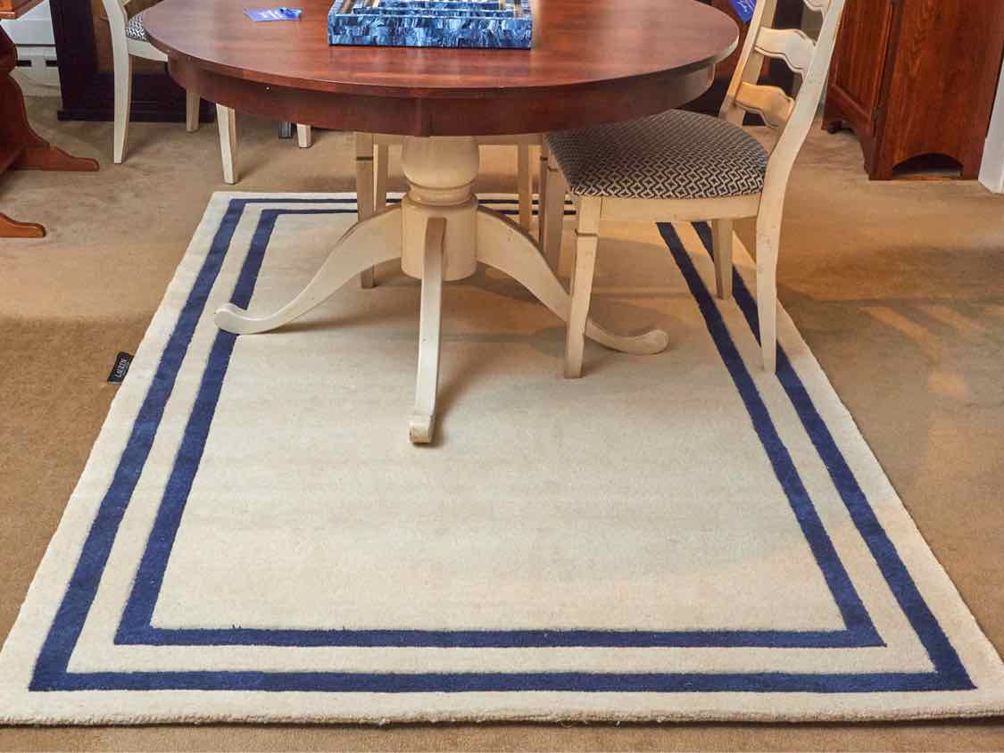 Ralph Lauren 100% Wool Area Rug in Ivory with Navy Blue Trim