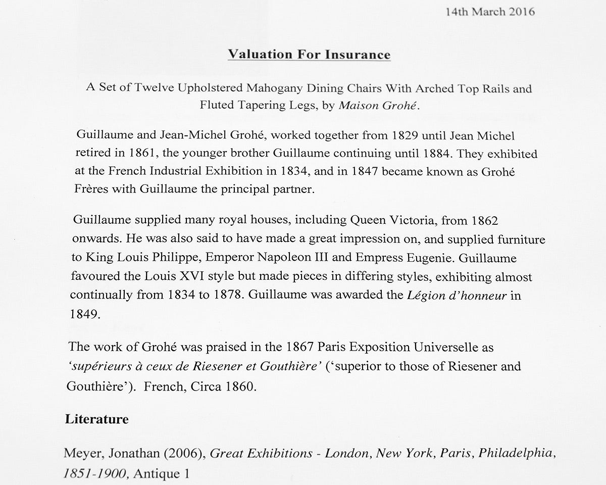 Set of 12 Custom Maison Grohe Upholstered Mahogany Dining Chairs on Casters