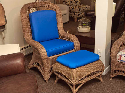 Natural High Back Wicker Chair Custom Upholstered Cushion Includes Ottoman