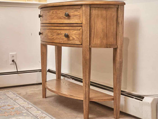 Ballard Design Oak 2 Drawer & Lower Shelf Demi Lune  Accent Table