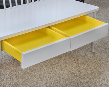 Land of Nod Modern White Armless Windsor Bench with Storage Drawers