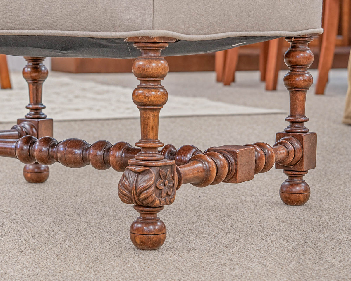 Carved Woodframe Armchair with Cream Linen Upholstery