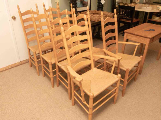 Set Of 8 Ash Ladder Back Rush  Seats Dining Chairs