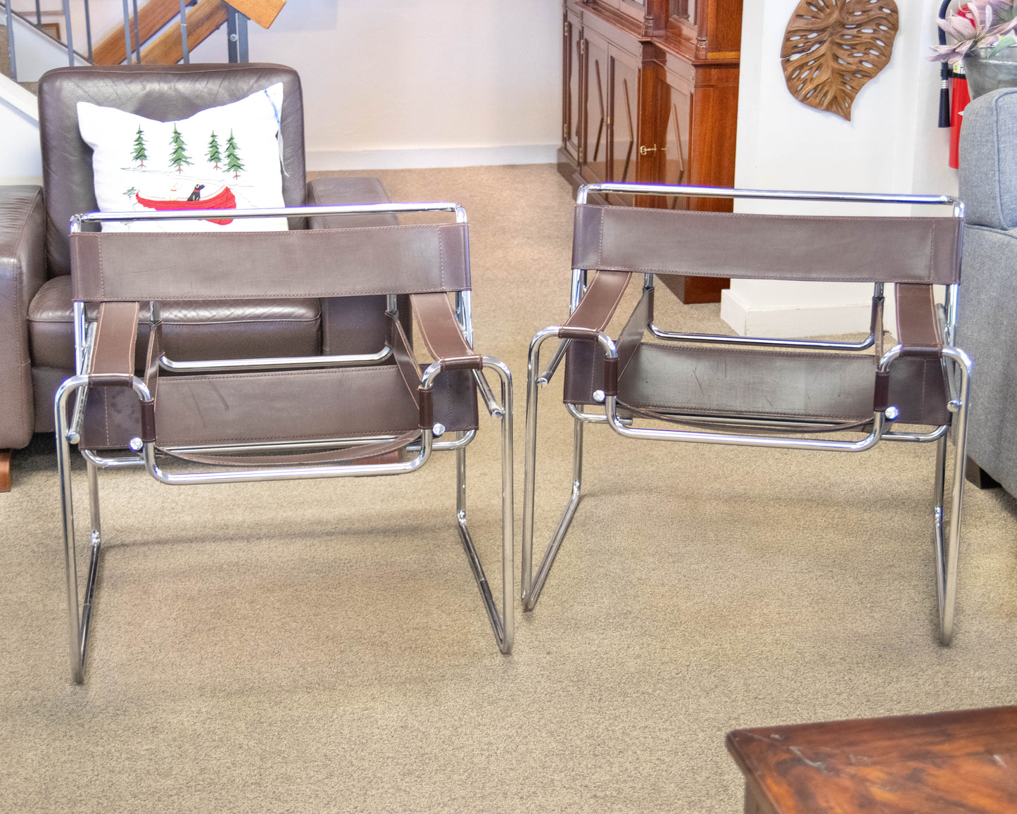 Pair Of "Wassily Style" Brown Leather Sling Back Chairs On Tubular Chrome Frame