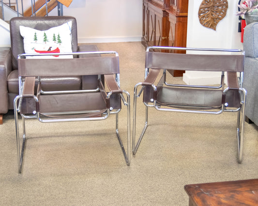 Pair Of "Wassily Style" Brown Leather Sling Back Chairs On Tubular Chrome Frame