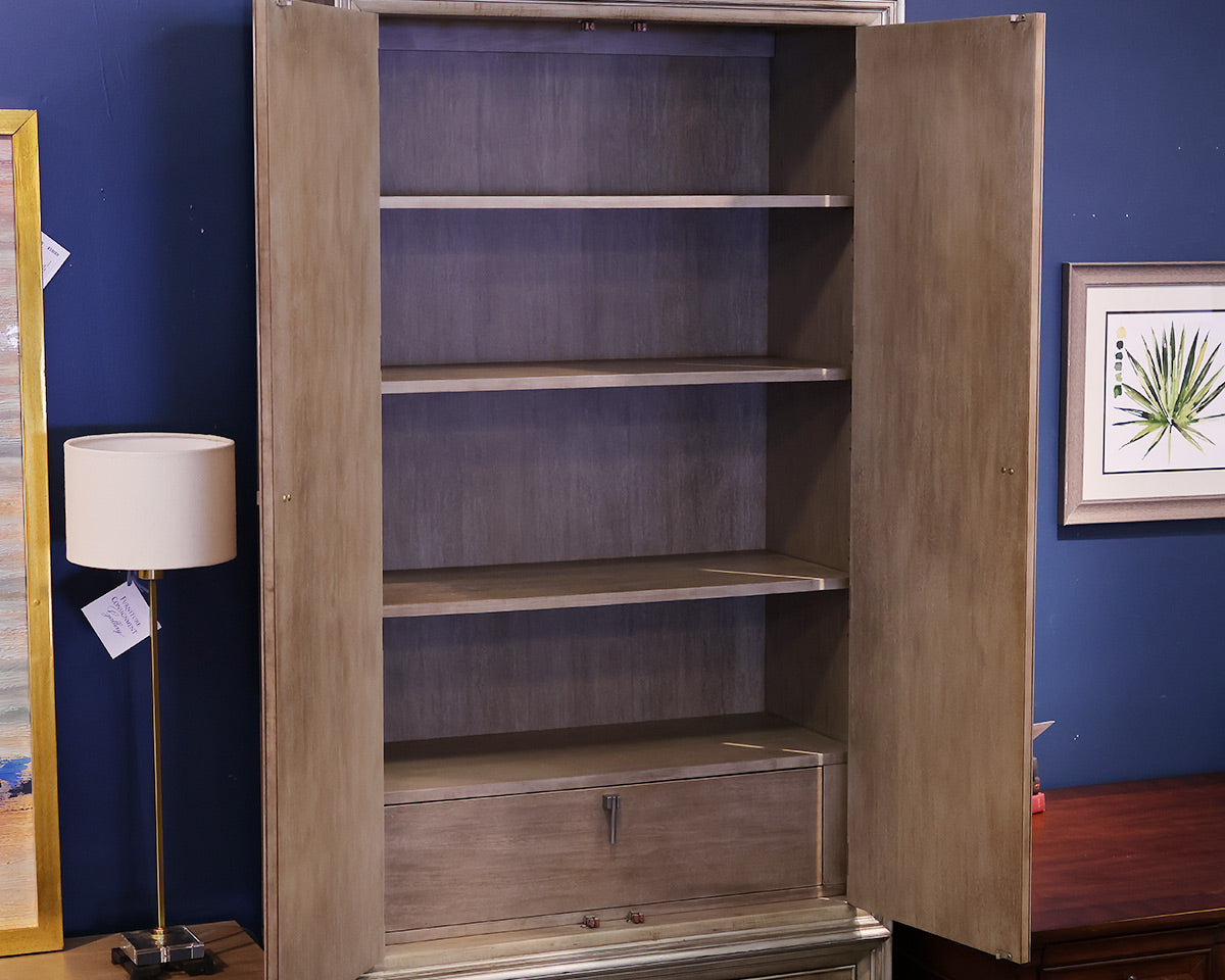 Hickory White Custom Tall Cabinet in Drifted Wood with Silver Trim