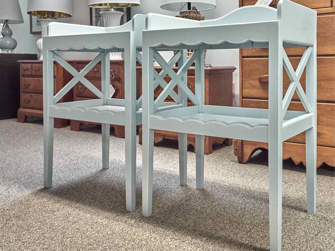 Pair of Pale Blue Cottage Side Tables with Lower Shelf