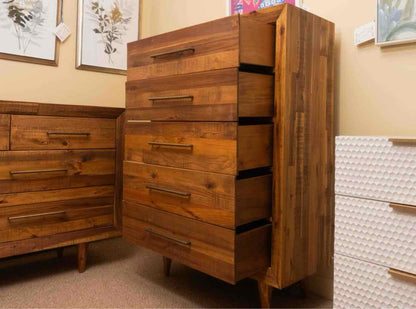 West Elm 'Alexa' Reclaimed  Pine Brass Finsh Handles 5 Drawer Chest