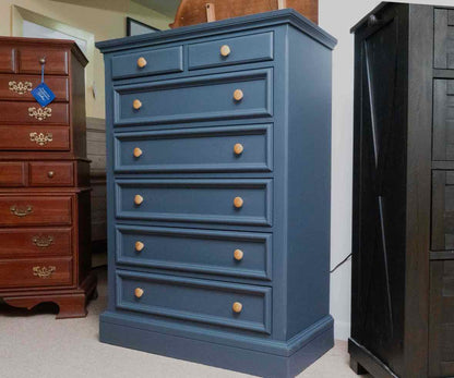 Hudson Bay Blue Finish 7 Drawer Chest with Natural Wood Knobs