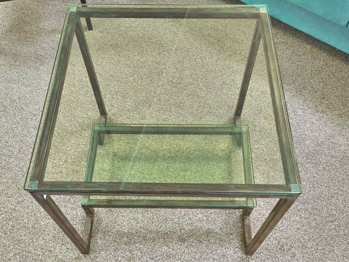 Square Glass Top Side Table with Rustic Pewter Metal Base
