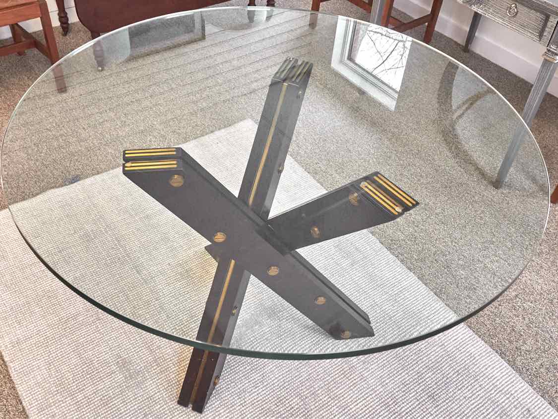 Glass Top 28" Round Dining Table with Black Cross Pedestal with Gold Accent
