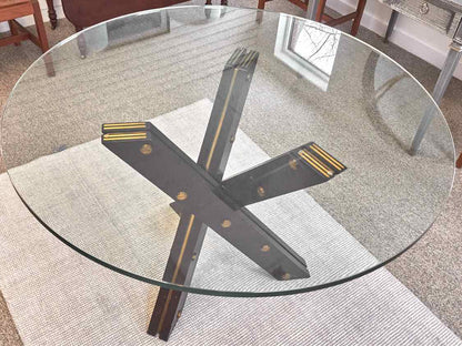 Glass Top 28" Round Dining Table with Black Cross Pedestal with Gold Accent