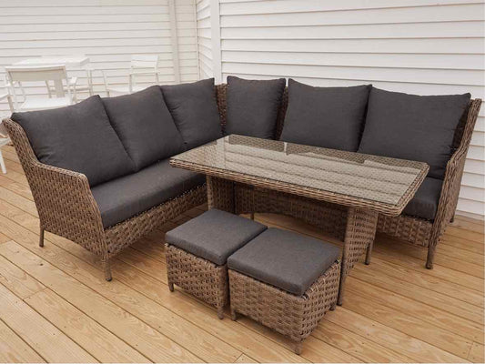 Brown Wicker Outdoor Dining Banquette  with Cushions & Dining Table & 2 Stools