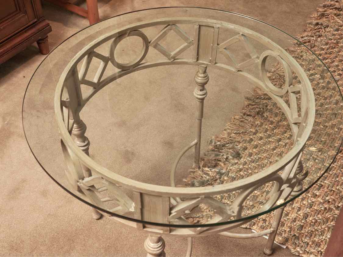 Round Glass Top 'Putty Sand' Finish Wrought Iron Side Table