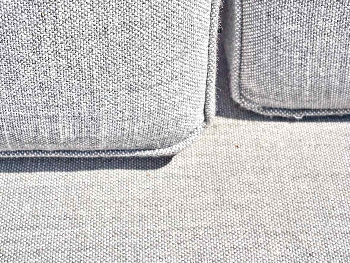 RH Gun Metal Grey Outdoor Sofa with Dove Grey Upholstered Cushions