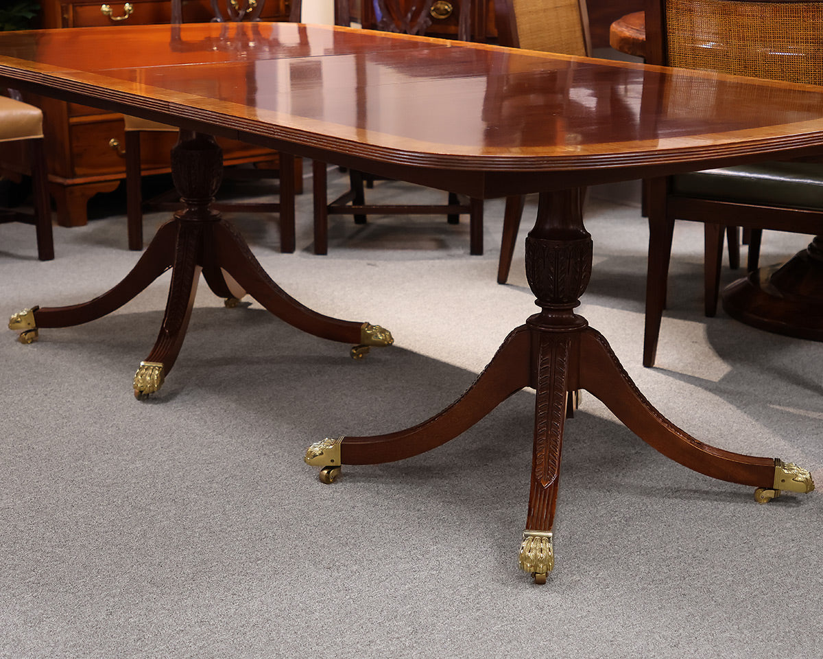 Councill Banded Mahogany Double Pedestal Dining Table with Three Leaves