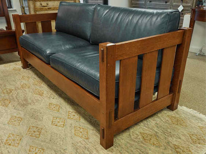 Stickley Mission Oak Settle Blue Leather 2 Cushion Sofa Sofa with 2 Toss Pillows