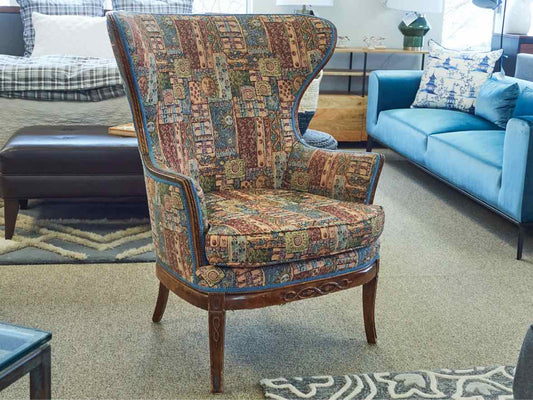 Woodframe Wing Chair in Quilt Print Fabric with Carved Detail