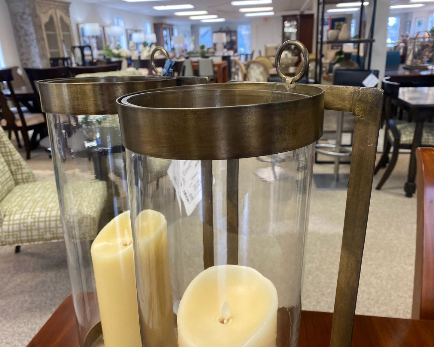 Pair of Antique Gold & Glass Hurricanes W/ Candles