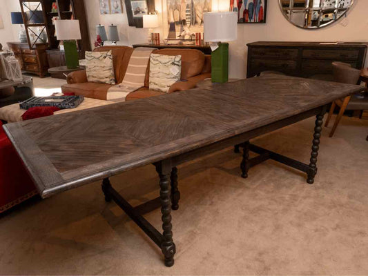 Driftwood Charcoal Finish Dining Table with Parquet Top & Jacobean Legs