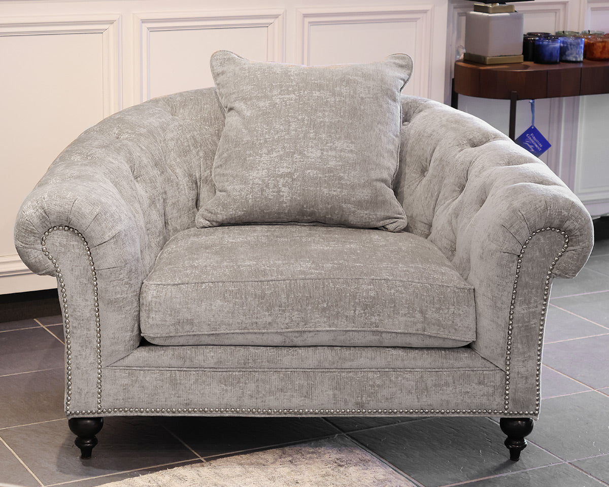 ZGallerie Tufted chair in Gray Chenille w/Silver Nailhead Trim. Espresso legs.