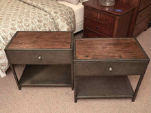 Pair of Pottery Barn Gunmetal Frame & Elm Wood Plank Top  Nightstands