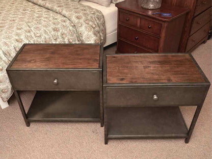 Pair of Pottery Barn Gunmetal Frame & Elm Wood Plank Top  Nightstands