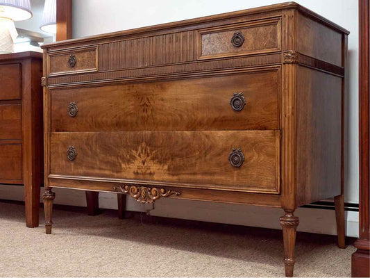 Walnut 3 Drawer Dresser with Burled Wood & Carving