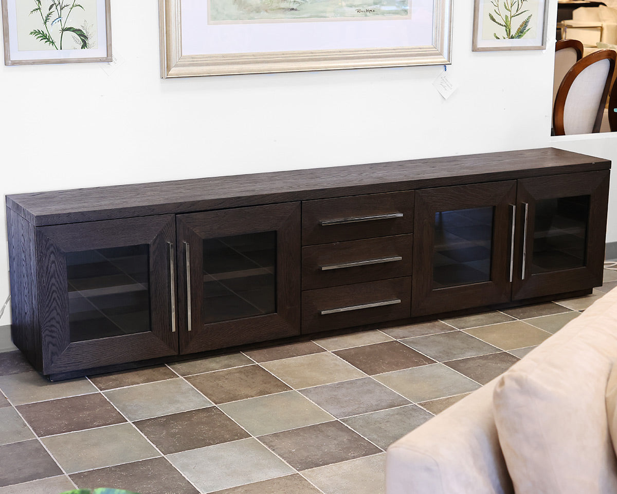 Restoration Hardware Machinto Glass 4-Door Cabinet with Drawers in Brown Oak