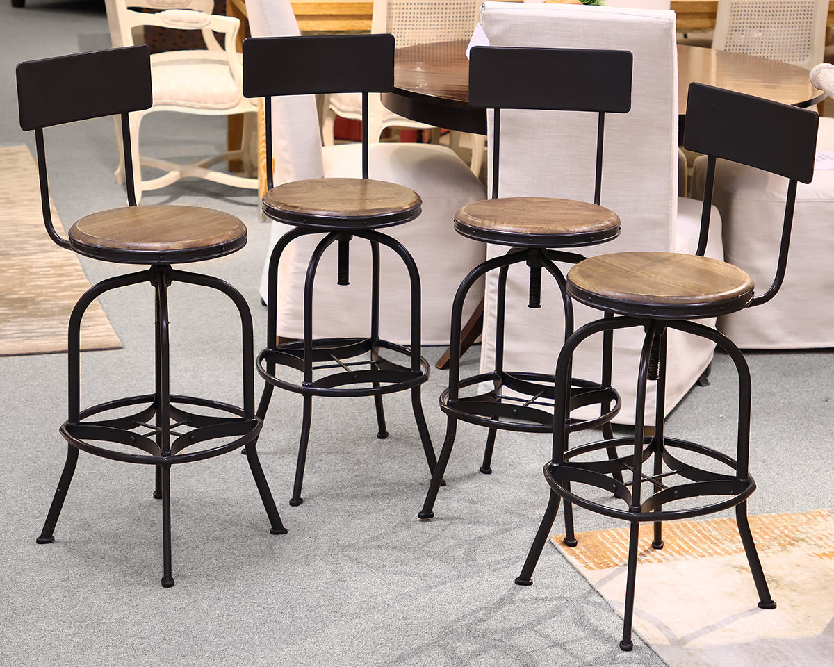 Set of 4 Ballard Design Allen Adjustable Height Stools in Grey with Pecan Seats