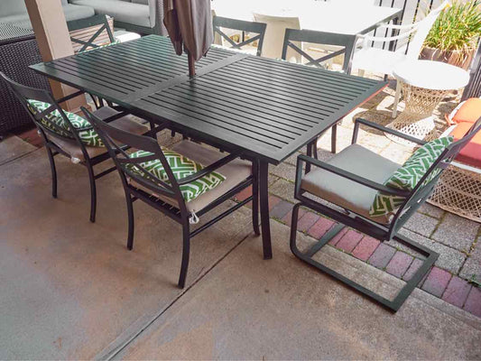 Black Aluminum Outdoor Dining Set with Table & 6 Arm Chairs & Umbrella