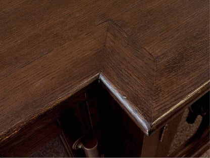 RH Brass Pull Bar Media Console w/Glass Doors & Dark Wood Finish