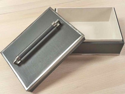 Global Views Wrapped Leather Handle Box in Grey & Brushed Stainless