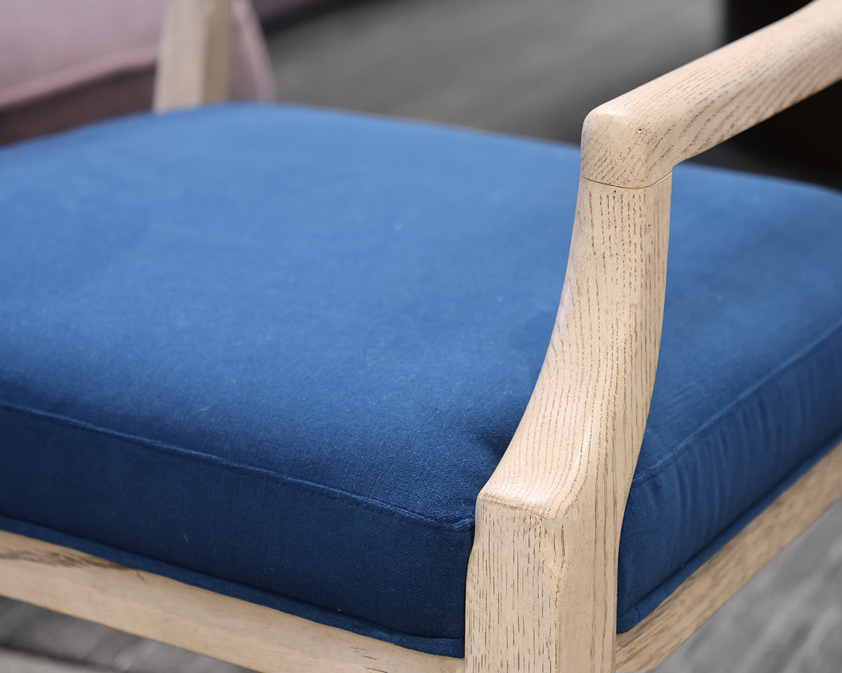 Pair of Theodore Alexander White Washed Oak Chairs with Blue Velvet Seats