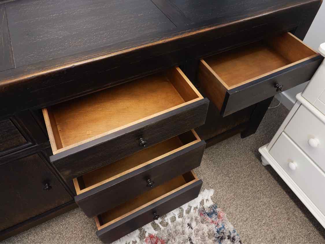 Media Furniture/Sideboard in Black Rubbed Finish with 5 Drawers & 2 Doors