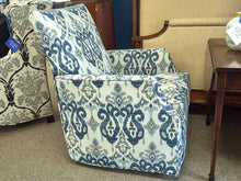Pair of Arhaus Swivel Recliner in Blue, White and Grey Ikat Fabric