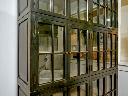 Black Finish 3 Piece Stackable 12 Glass Pane Door Display Cabinet