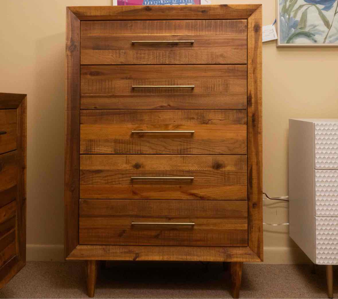 West Elm 'Alexa' Reclaimed  Pine Brass Finsh Handles 5 Drawer Chest