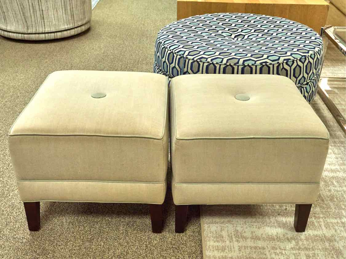 Pair of Ethan Allen Taupe Herringbone Upholstered & Teal Piping  Stools