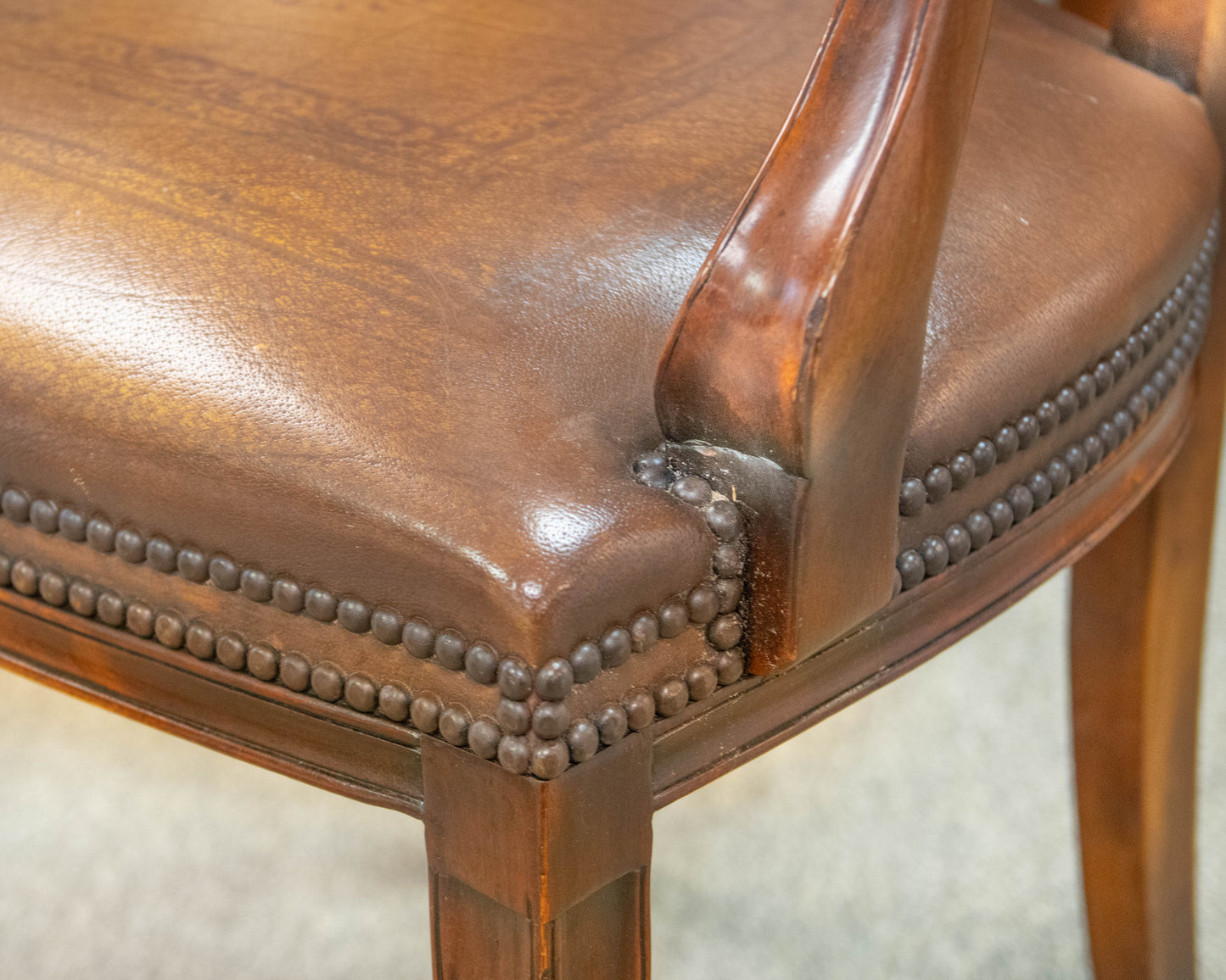Burlwood Inlaid Round Pedestal Dining Table & Set of 4 Carved Inlaid Armchairs