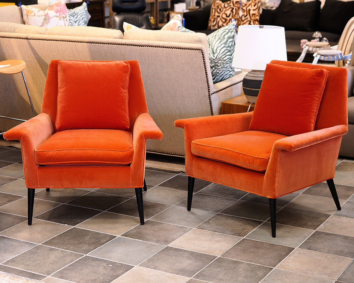 Pair of Vintage MCM Orange Velvet Lounge Chairs