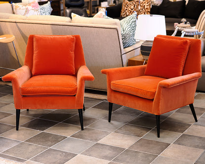Pair of Vintage MCM Orange Velvet Lounge Chairs